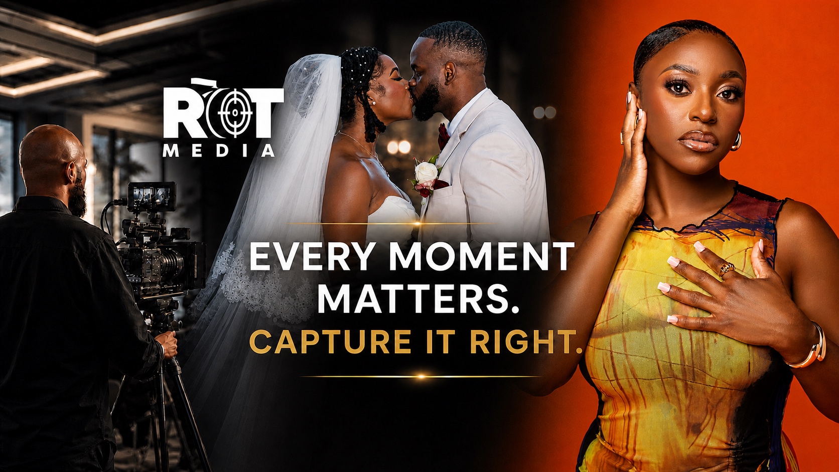 Right On Target Media composition blending a videographer, Nigel and Nehu on their wedding day, and a studio portrait, featuring the message Every Moment Matters — Capture It Right