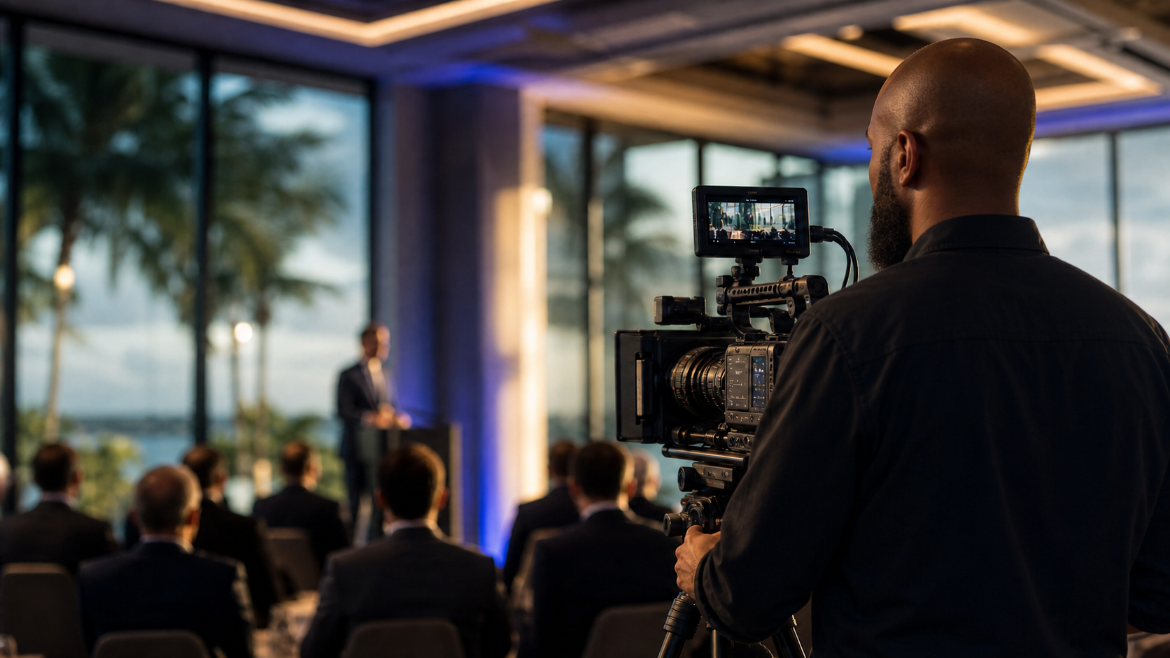 Bald African American camera operator with a beard filming a corporate event